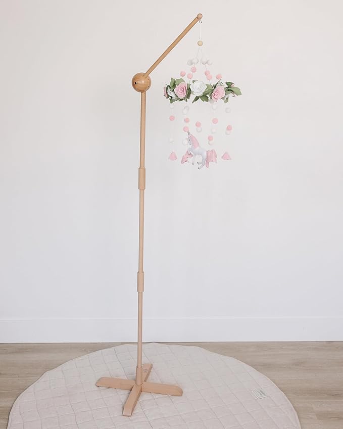 Baby Crib Mobile Arm Wooden Holder Floor Stand - Floor Stand, 360° Adjustable Height - Universal Baby Mobile Hanger, fits Any Crib (100% Natural Beechwood) - Nursery Decor & Gift Accessories