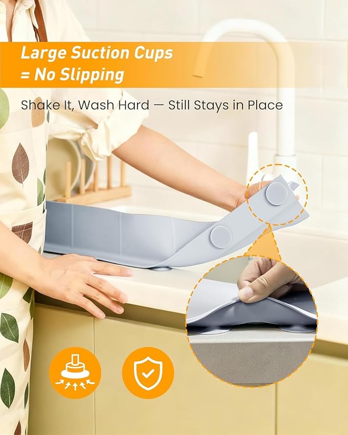 Kitchen Sink Splash Guard 18" Silicone Water Guard with Strong Suction Cups, Faucet & Countertop Protector, Bathroom & Sink Edge Splash Guard Strip, Easy Install, Dishwasher Safe-Grey