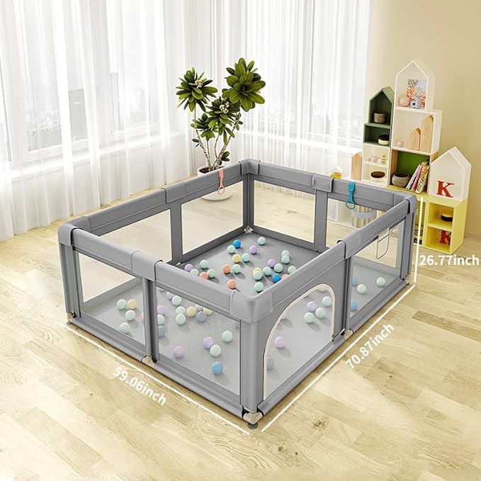 Large Baby Playpen,59" x 71" Baby Playard for Babies and Toddlers, babyFence Play Pens for Indoor & Outdoor, Sturdy Safety Play Yard with Soft Breathable Mesh, Anti-Fall (Grey)