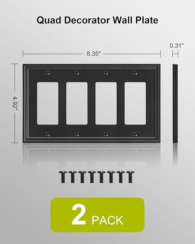 2-Pack Quad Decorator Outlet Cover Plate, Black Decorative Switch Plates and Outlet Covers, Natural Bamboo Fiber Wall Plates for Electrical Outlets, Receptacle, GFCI Outlet, Dimmer Switch