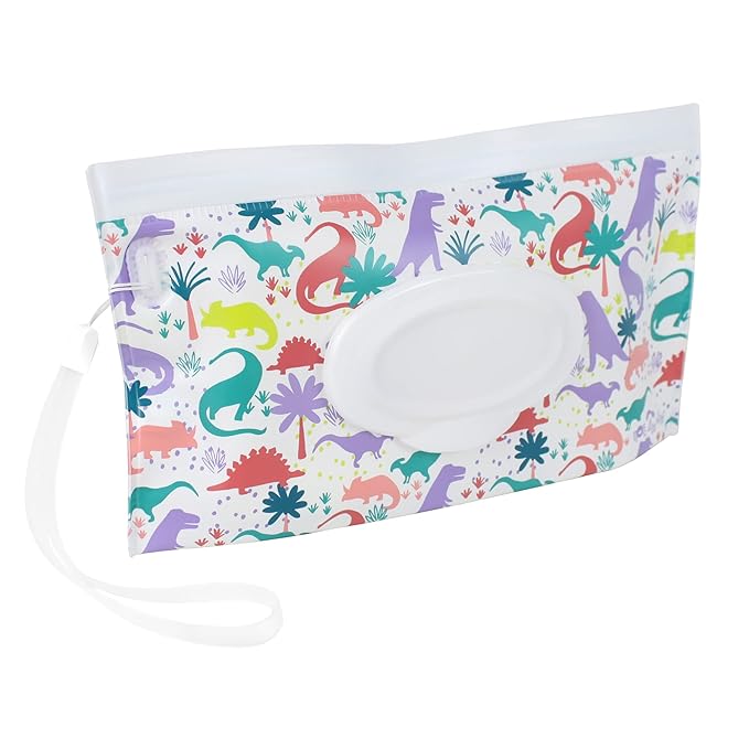 Itzy Ritzy Travel Wipes Case - Reusable Wipe Pouch – Take & Travel Pouch Holds Up to 30 Wet Wipes, Includes Silicone Wristlet Strap, Darling Dinosaurs