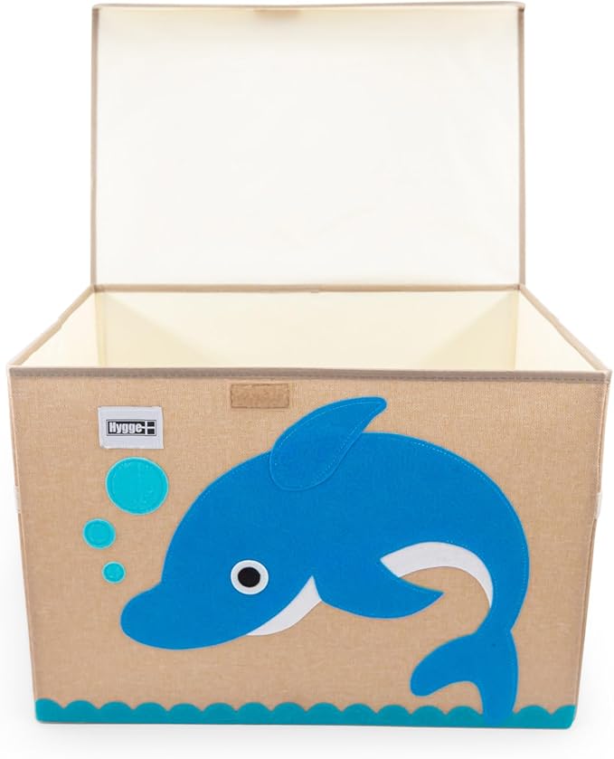 HYGGE + Animial Toy Storage Bin with Lid 20.8" x 13" x 13" Durable fabric & lightweight design. Great for storing toys, books, linens, games, clothing, baby products & more! (Dolphin)