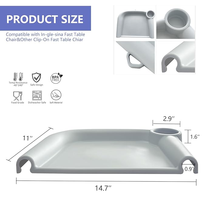 Silicone Baby Dining Tray Compatible with Inglesina Fast Table Chair & Other Hook-On High Chairs,Portable Clip-On Fast Table Chair Baby Tray, Dishwasher Safe & BPA Free (Upgraded Gray)