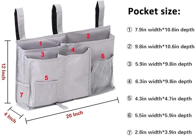 Sugaroom Bunk Bed Organizer - Bedside Storage Caddy with Pockets for College Dorm, Hospital, Baby Bed & Camp (Grey)