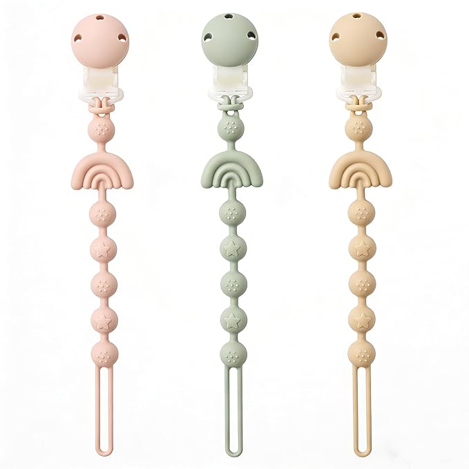 Baby Pacifier Clips One Piece Binky Clip Holder Silicone Teether Clip Pacifier Straps with Clip Baby Teether Toys for Boys and Girls Set of 3 Andy Bear-Ivory+Sage+Blush