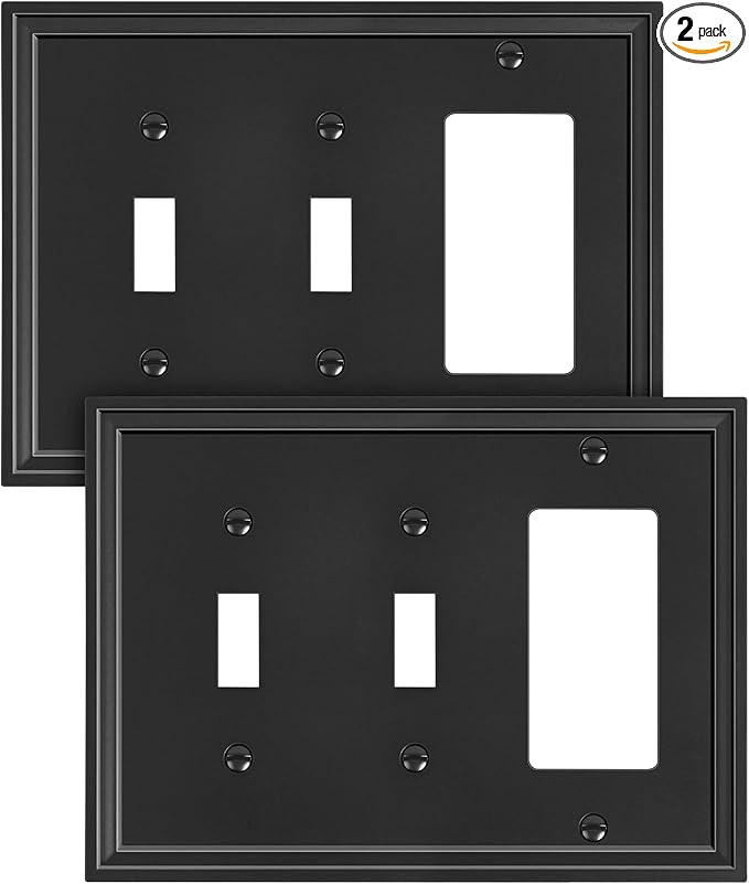2-Pack Combo Decorator/Double Toggle Light Switch Cover Plate, Black Modern Decorative Electrical Outlet Covers, Bamboo Fiber Wall Switch Plates and Outlet Covers
