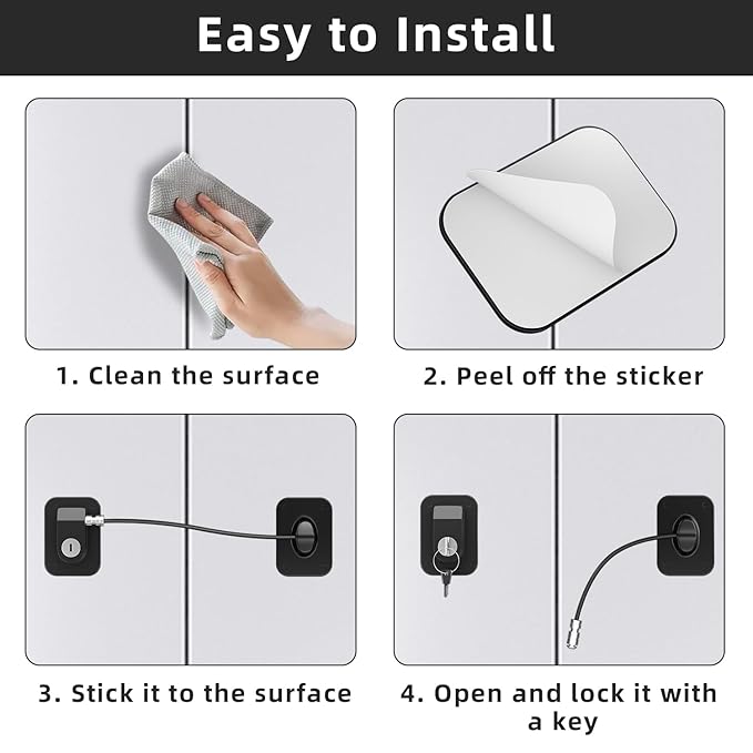 RORMGO Refrigerator Lock 2 Packs, Fridge Lock with Silicone Wire Protection Fridge Locks for Kids Easy to Use and Install Cabinet Locks with Key, Black
