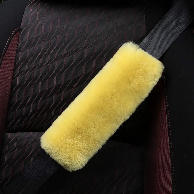 OGLAND 2 Pack Real Sheepskin Wool Car Seat Belt Pads for Auto Car Seat Belt, Soft Shoulder Pad, Neck Cushion Protector, Genuine Natural Merino Wool (Lemon Yellow)