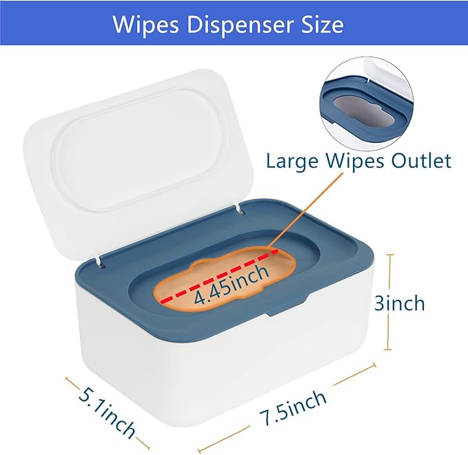 Wipes Dispenser with 2Pcs Portable Refillable Wipe Holder,Reusable Large Wipe Holder Box Flushable Wipes Case Bathroom Wipes Container for Pet Nursery Kitchen Office Counter(White-Blue)