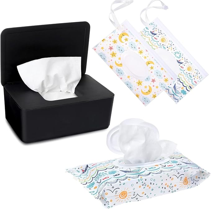 Wipes Dispenser with 2Pcs Portable Refillable Wipe Holder,Reusable Large Wipe Holder Box Flushable Wipes Case Bathroom Wipes Container for Pet Nursery Kitchen Office Counter(Black)