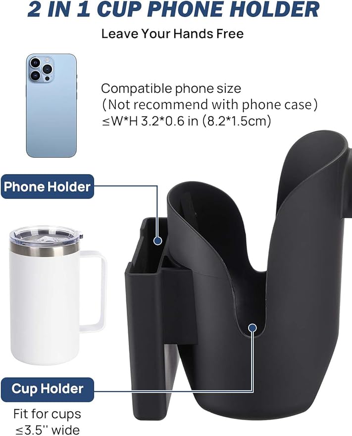 JOYTUTUS Cup Holder for Wheelchair, 2 in 1 Water Bottle Holder and Phone Bracket, Universal Drink Cup Holder for Walker, Rollator, Stroller, Scooter