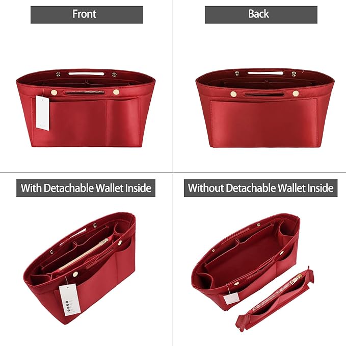 ZTUJO Purse Organizer Insert For Handbags, Silky Bag Organizer With 2 Zippers For Speedy Neverful Tote and More (Red, XX-Large)