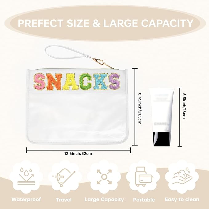 Snack Bag Clear Chenille Varsity Letter Zipper Pouch for Travel Nylon Clear Cosmetic Bag Makeup Travel Bag for Women (White-Snacks)