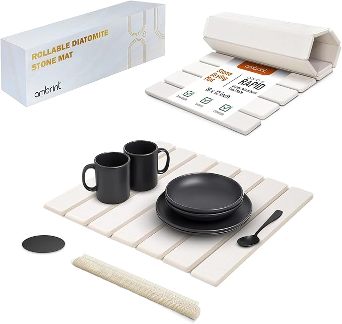 Stone Dish Drying Mat For Kitchen Counter Off-White 16"x12" – Quick Dry & Foldable Diatomaceous Earth Mat for Dish , Bottle , Cup , Tableware & Match Any Countertop.