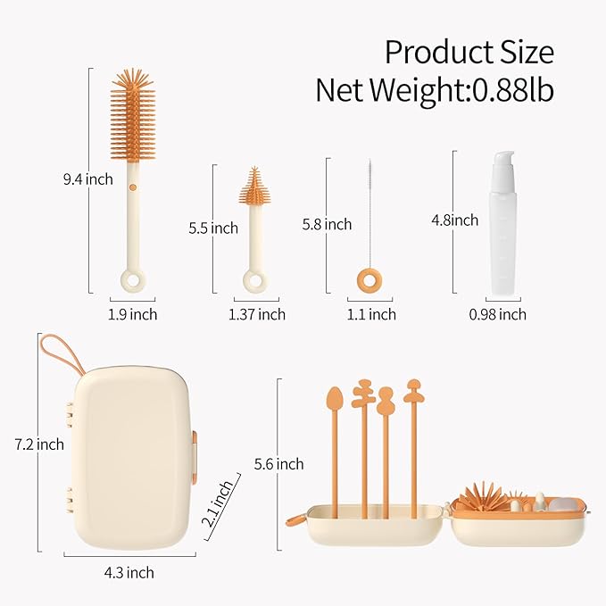 Suvast 7in1 Travel Bottle Cleaner kit,Baby Essentials, with Bottle Brush、Nipple Brush、Straw Cleaner Brush、Soap Dispenser、Bottle Drying Rack、Drainage Tray、Storage Box,Baby Travel Essential (White)