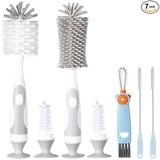 Ariseno 5-in-1 Baby Bottle Cleaner Set, Including Nylon & Silicone Bottle Brush, Cap, Straw & Nipple Brushes, BPA-Free (Grey)