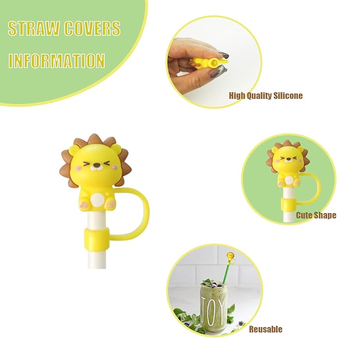 12Pcs Cute Silicone Straw Covers Cap,RENUIS Straw Toppers for Tumblers,Reusable Portable Drinking Straw Tips Lids,Dust-Proof Straw Plugs Soft Cap Protector Cover for 6-7mm Small Straws(Animals Theme)