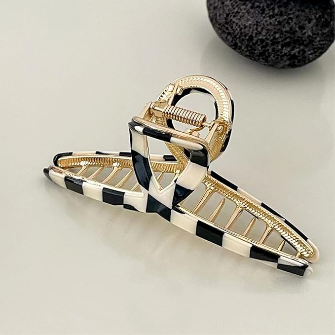FAELBATY Hair Clip, Acetate Metal Claw Clip for Women, Strong Hold Claw for Heavy Hair, Checkerboard Pattern, 4.5" Jaw Clamp, Large Hair Accessories for Long Thick Hair