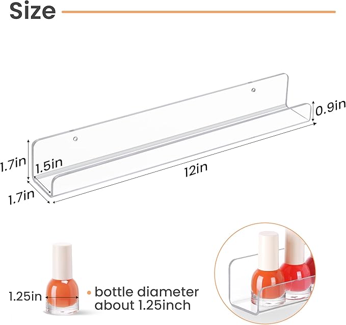 upsimples 6 Pack Clear Acrylic Shelves, 1.7" x12" Nursery Bookshelves, Small Floating Bookshelf for Kids Baby, Vinyl Wall Mount, Record Holder, Magazine Rack, Comic Display, Picture Ledge Shelf Décor