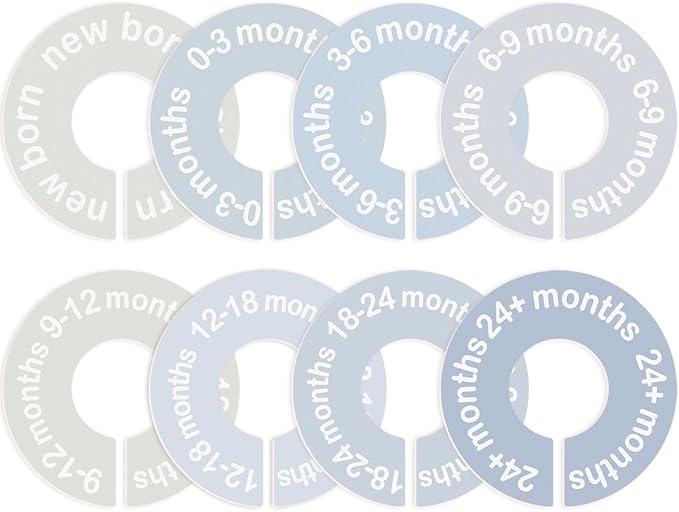 Baby Closet Dividers for Clothes 0-24 Months, 8 Pack mini Round Size Markers, Double-Sided, Fits Most Rods, Blue Nursery Clothing Organizer & Wardrobe Decor