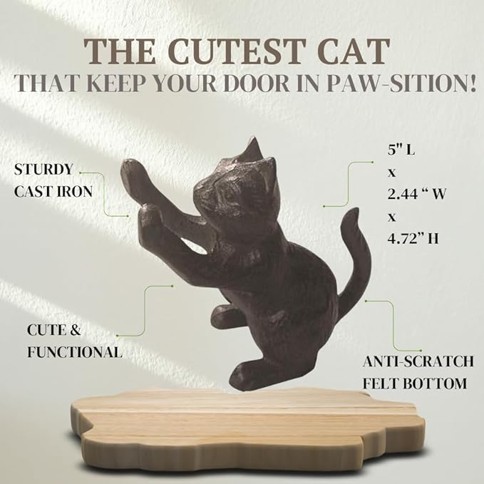 Comfy Hour Heavy Duty Black Cast Iron Cat Door Stopper, Large Decorative Kitten Door Stop Wedge & Bookend, Unique Vintage Animal Home Decor for Cat Lovers, 1 pc