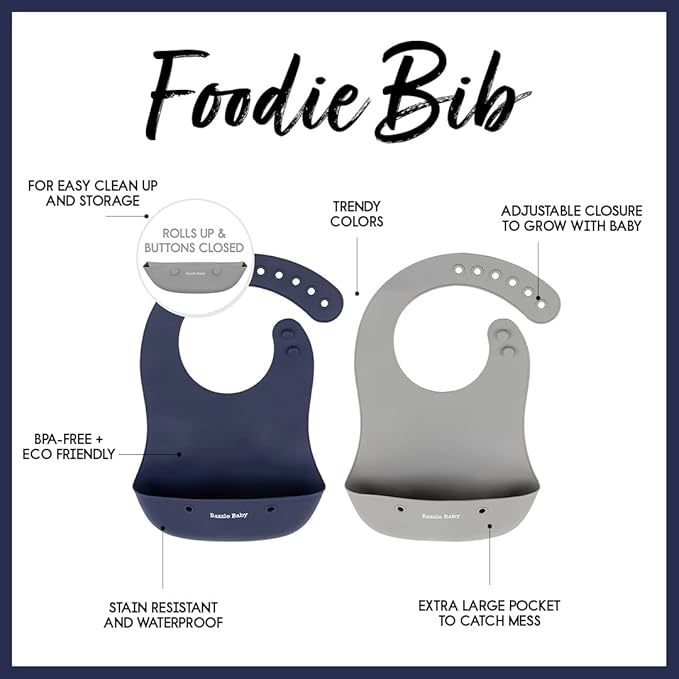 Bazzle Baby Silicone Bibs with Food Catcher - Rolls Up and Button closed for easy travel and storage Waterproof 2-Pk