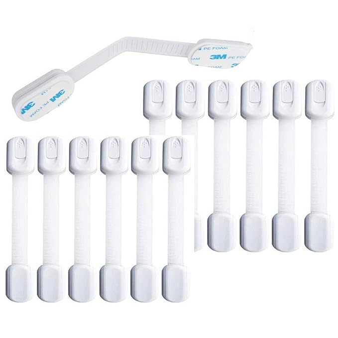 Baby Safety Locks | Child Proof Cabinets, Drawers, Appliances, Toilet Seat, Fridge and Oven | Tools Not Required | Uses 3M Adhesive with Adjustable Strap and Latch System (14-Pack, White)