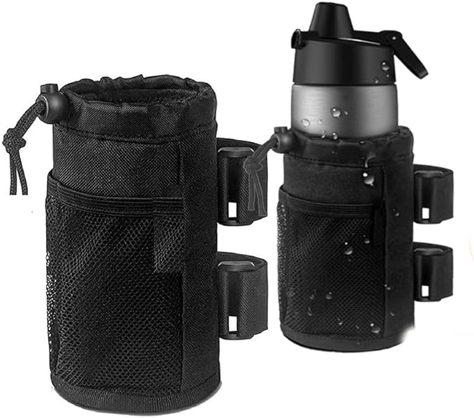 Cup Holder for Bike,Scooter and Wheelchair,Water Bottle Holder for Walker,Golf Cart and Beach,Universal Drink Holder Accessories with Net Pocket and Cord Lock (1 Piece,Black)