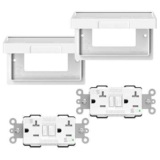 ELEGRP Horizontal Outdoor GFCI Outlet with Cover, Weather Resistant GFCI Receptacle and Wall Plate, 20 Amp Self-Test GFI Outlet, Thinner Design Ground Fault Receptacle, UL Listed, Matte White, 2 Pack
