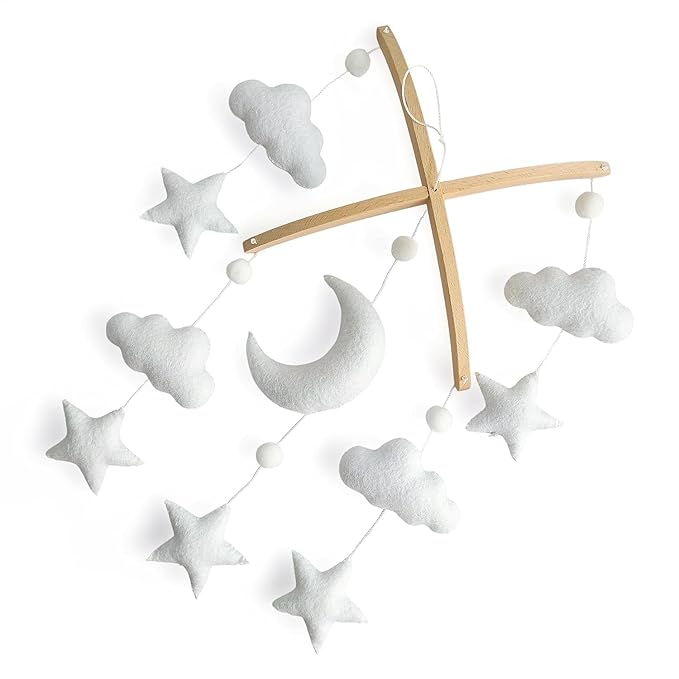 Baby Crib Mobile – Wooden Hanging Nursery Baby Mobile for Crib, Nursery Decor for Boys & Girls, Perfect Shower Gift (Moon, Cloud, & Stars, Foldable) Also Fits Bassinets, Sorrel + Fern