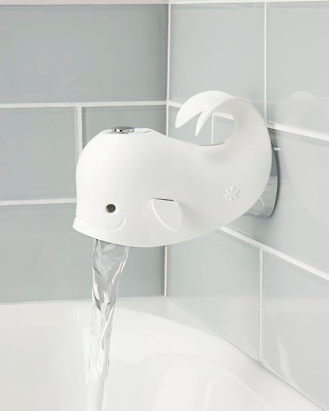 Skip Hop Baby Bath Spout Cover, Bathtub Faucet Cover with Soft Rubbery Material, Dishwasher-Safe, Easy-to-Adjust Straps and Tail Hook for Hanging, Fits Most Tub Spouts, MOBY, White