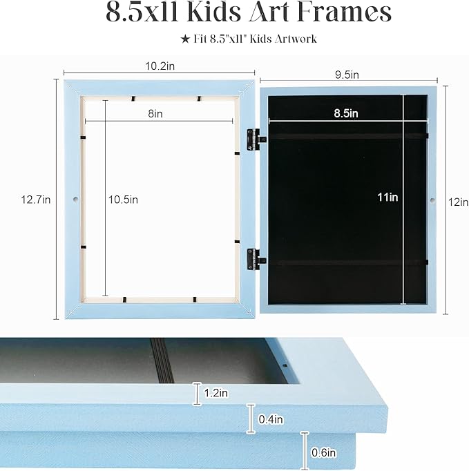 [2-Pack] Kids Art Frames, 8.5x11 Front Opening Kids Artwork Frames Changeable, Light Lake Blue Artwork Display Storage Frame for Wall, Holds 50 Pcs, for 3D Picture, Crafts, Children Drawing, Hanging