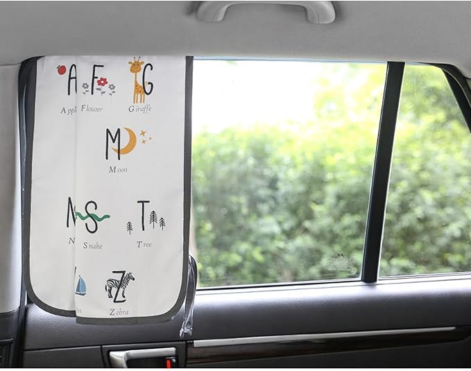 BEBEDECO Magnetic Car Sun Shade Curtain for Side Window – Sun Blocker and UV Protector for Baby, Kids, and Pets – Universal Fit with Built-in Magnets for Steel-Framed Door (Be-Kids Alphabet)