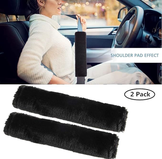 MOONET 2 Packs Car Seatbelt Covers Shoulder Pad for More Comfortable Driving, Universal Seat Belt Cover for Handbag Camera Backpack Straps, Soft Faux Sheepskin Wool Seat Belt Cushion (Black)