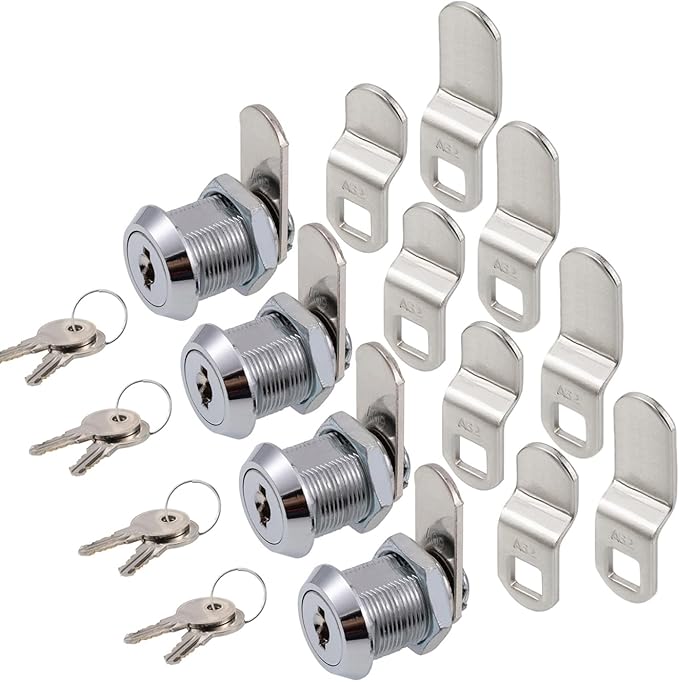 Cabinet Cam Lock, 5/8 Inch Keyed Alike Cam Locks Secure File Drawer Door Mailbox Tool Box Dresser RV Cylinder Replacement Lock Hardware, Fits on 1/2" Max Panel Thickness (4 Pack) Chrome Finish