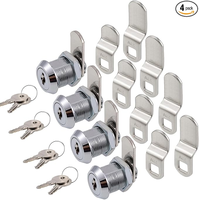Cabinet Cam Lock, 5/8 Inch Keyed Alike Cam Locks Secure File Drawer Door Mailbox Tool Box Dresser RV Cylinder Replacement Lock Hardware, Fits on 1/2" Max Panel Thickness (4 Pack) Chrome Finish