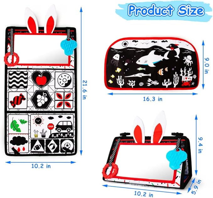 Inbeby Tummy Time/Baby Mirror Toys, Black and White High Contrast Tabletop Mount Baby Newborn Toys 0 3 6 Months Brain Development, Sensory Texture Piano Infant Toys 0 3 6 Months with Squeaker