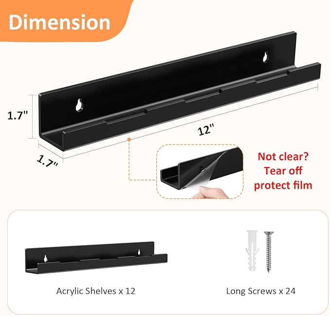 12 Pack Vinyl Wall Mount Shelf, 12" Vinyl Record Holder, Clear Record Shelf Display and Storage, Acrylic Shelves for Wall, Nursery, Living Room, Bedroom, Black