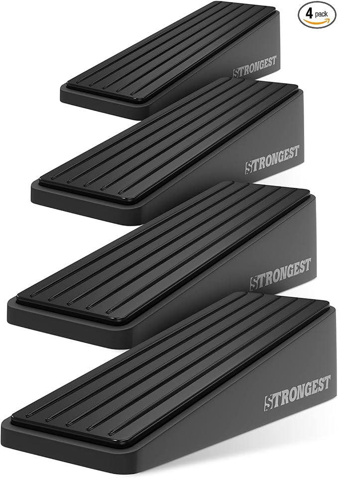 Strongest Home Heavy Duty Door Stop Wedge Made of Premium Quality Zinc and Rubber Suits Any Door, Any Floor. Set of 4 and Additional Self-Adhesive Wall Protectors