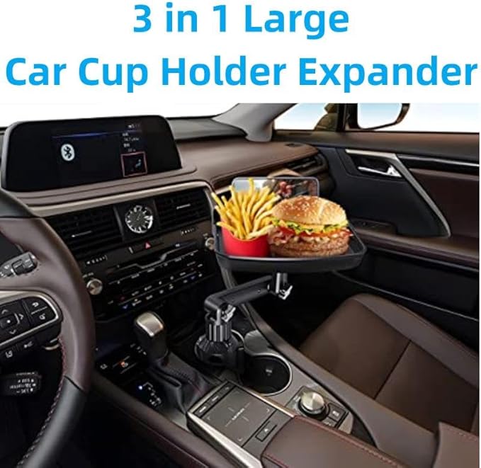 Kelofam Larger Cup Holder Tray, 10 inch Car Food Tray for Eating, Detachable 3 in 1 Car Cup Holder Expander and 360° Rotating Car Cup Holder Tray Table with Phone Holder, Road Trip Essentials