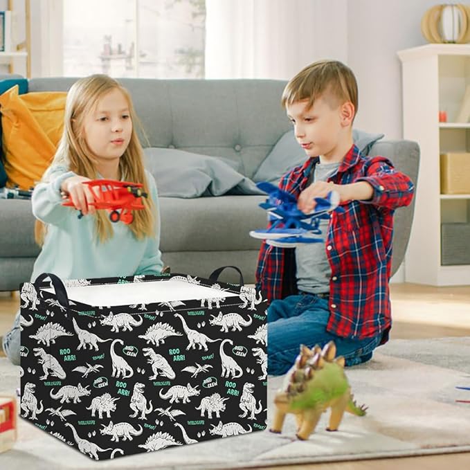 HKEC Rectangle Storage Basket with Handles,Collapsible Storage Bin,Books Box,Gift Basket(Green Word Dinosaur)