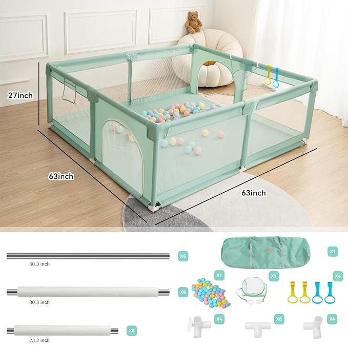 COMOMY Playpens for Babies and Toddlers, 63"x63" Playard Extra Large, Safe and Non-Slip Baby Fence, Full Mesh Design, Indoor & Outdoor Kids Activity Center, Baby Play Pens (Dark Green)