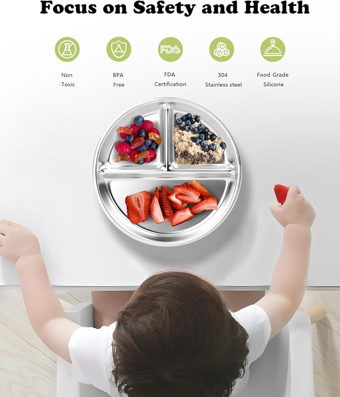 Bakpoco Stainless Steel Kids Plates 4 Packs, 8" Divided Toddlers Portion Control Plate, Non Toxic & BPA Free |Unbreakable |Dishwasher Safe Baby Snack Dish for Daycare, Restaurant Outings & Travel