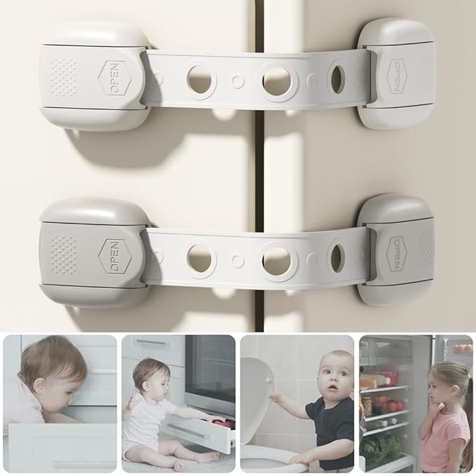 Child Safety Strap Locks (6 Pack) Baby Locks for Cabinets and Drawers, Toilet, Fridge & More. Adhesive Pads. Easy Installation, No Drilling Required, White/Gray (Gray, 6 pcs (Pack of 1))