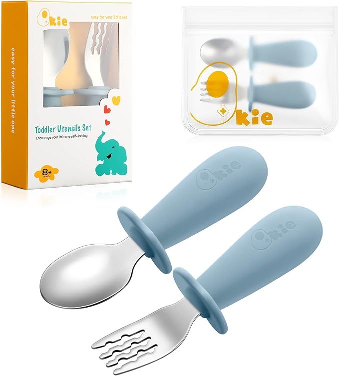 Qkie Toddler Utensils, Toddler Forks and Spoons, Baby Spoons Self Feeding, Stainless Steel Baby Silverware with BPA Free Silicone Easy Grip, 8 Months+