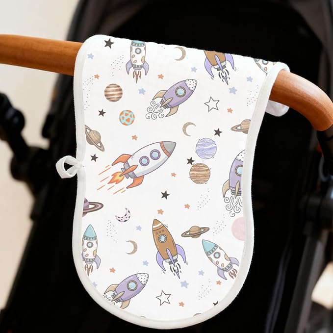 Spriggenix 6 Pack Baby Burp Cloths for Boys Girls, Soft Cotton, Space Rocket Theme Design, Super Absorbent Baby Burping Cloths for Newborns, Machine Washable and Reusable Baby Spit-Up Cloths
