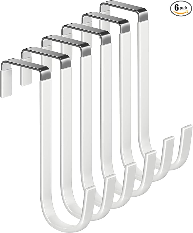 Mars-Rock Over the Door Metal Hooks with Plastic Coating 5.5" Fit 0.5" to 1 3/8" Door 6 Pcs Heavy Duty Single Towel Robe Rack Wreath Bathroom Shower Hanger Shoe Organizer Ironing Board Short White