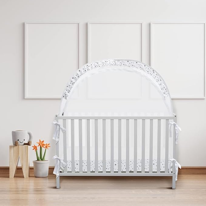 L RUNNZER Baby Pop Up Crib Tent, Crib Net to Keep Baby from Climbing Out, Crib Canopy Cover Against Falling and Bites, Strong Frame & Soft Breathable Mesh, White+stars
