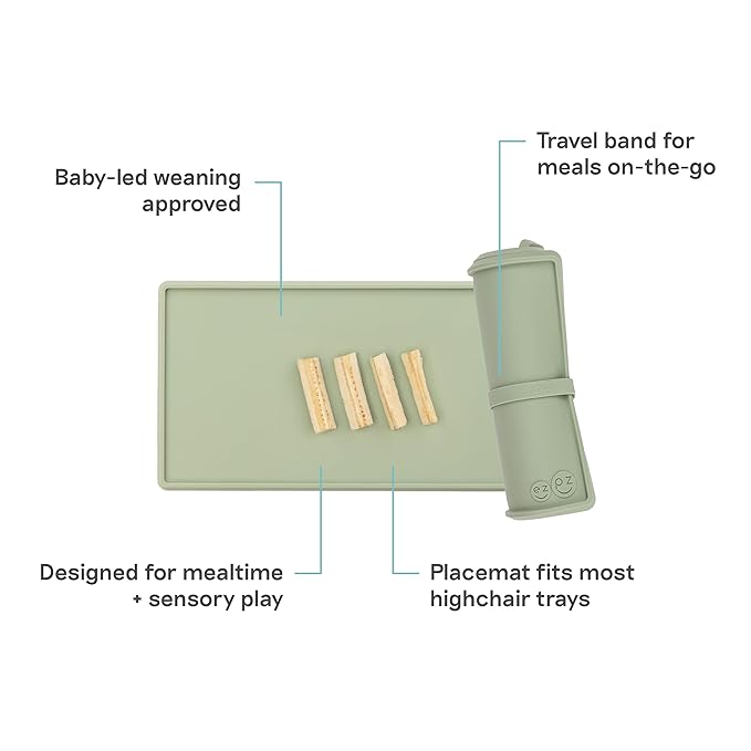 ezpz Tiny Placemat (Sage) - 6 Months+ - Non-Slip, 100% Silicone Placemat for Infants and Toddlers - Fits on Most Highchair Trays - Rolls-Up - Baby Led Weaning Supplies