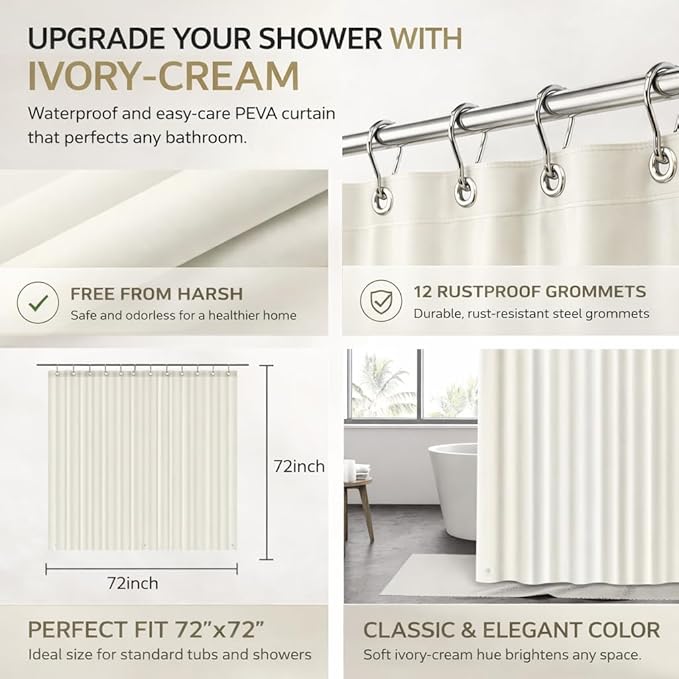 EHZNZIE Cream Shower Curtain Liner 72x72, PEVA Waterproof Bath Curtain, No Chemical Smell, 3 Weighted Magnets, Durable with Rustproof Metal Grommets